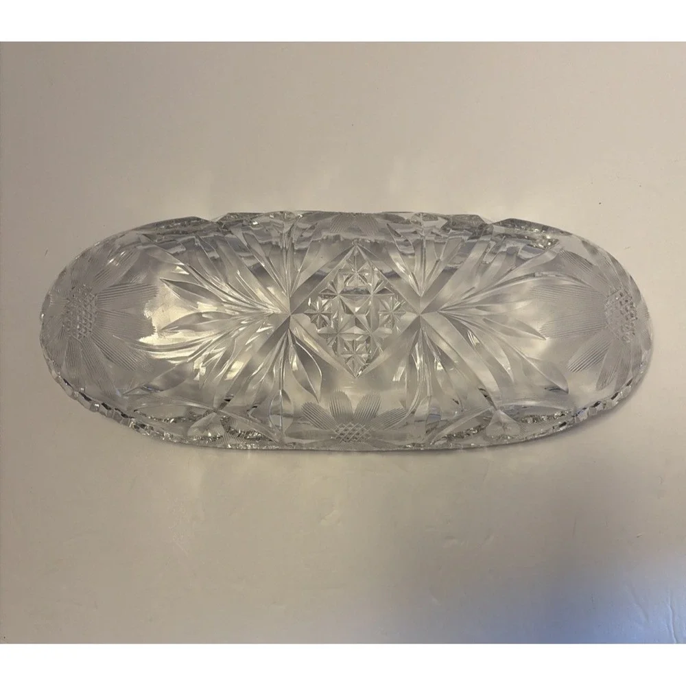American Brilliant Period Glass Daisy Floral Diamond Pattern OVAL Relish‎ Dish